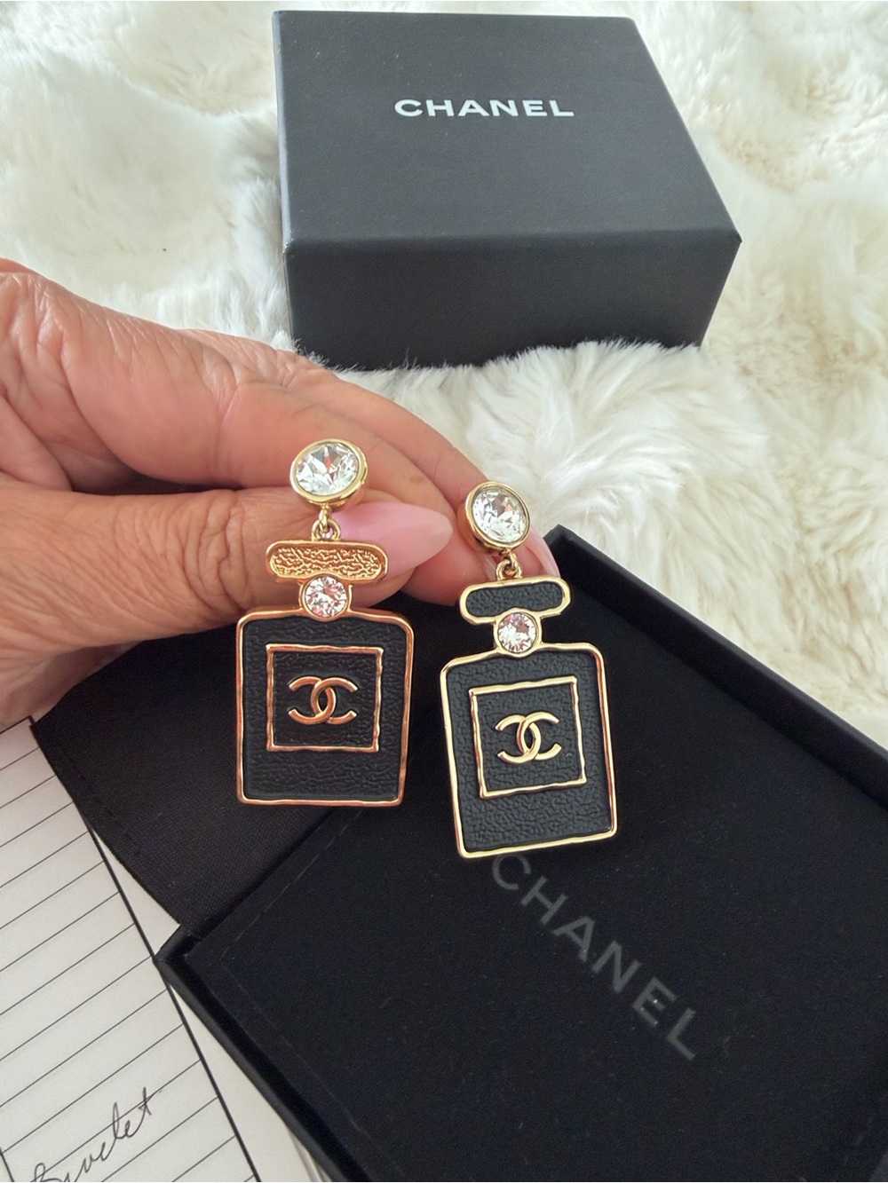 CHANEL Black & Gold Perfume Bottle Drop Earrings with Crystal Accents - Picture 1 of 8